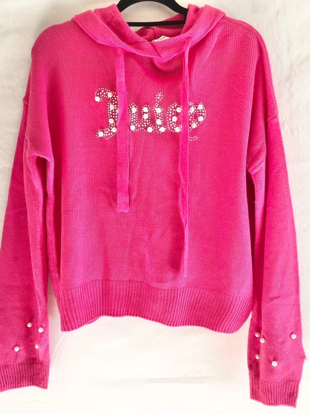 Juicy Couture Hot Pink Pearl Embellished Sweater Knit Hoodie Pullover Size L